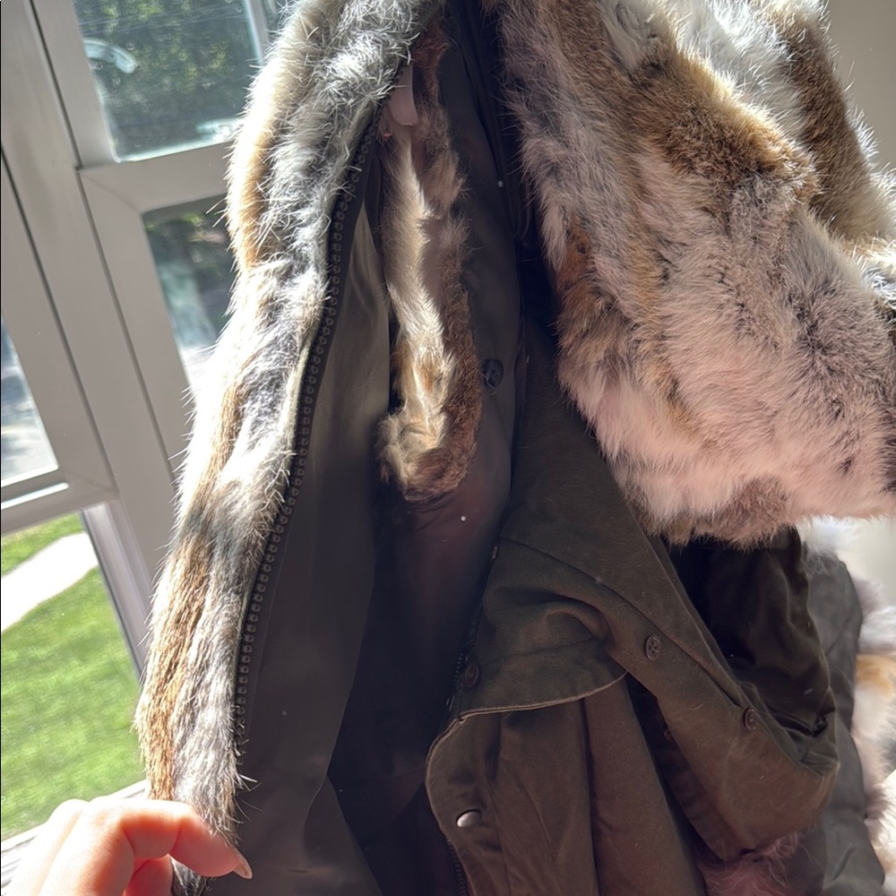 Adrienne Landau Olive Parka with real rabbit Fur Vest and hood lining small - Picture 3 of 7